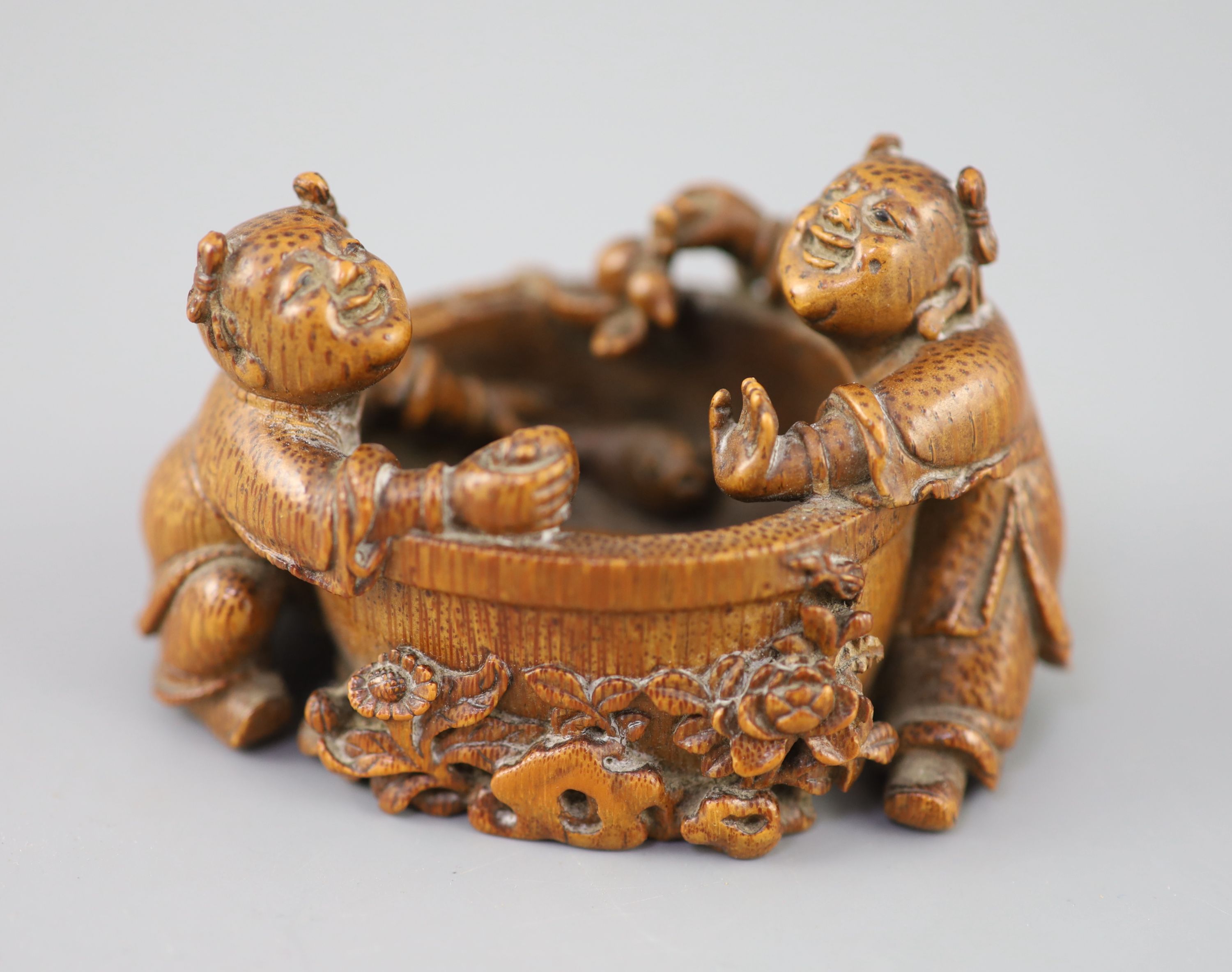 A fine and rare Chinese bamboo-root boys and fish bowl brush washer, 18th/19th century,